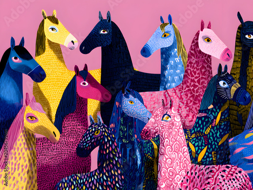 Colorful illustration of various stylized horses with unique patterns and colors against a pink background, showcasing a vibrant and artistic representation of equine forms