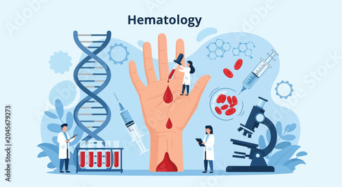 Foto Hematology blood test with doctors and medical equipment for laboratory analysis of red blood cells, DNA strand, and syringe
