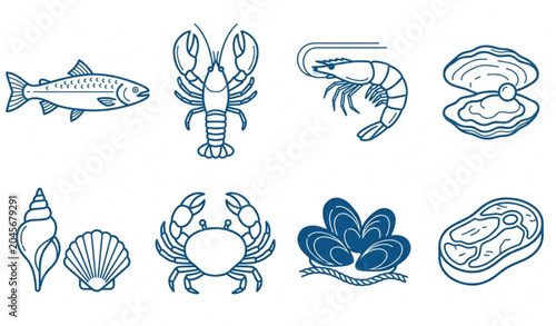 Картината върху платно Seafood Collection Blue Vector Icons Fish Lobster Shrimp Oyster Set