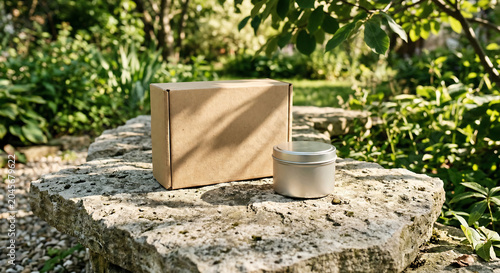 A cardboard box and metal container sit on a stone in a garden.