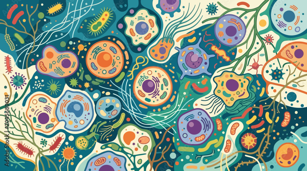 Naklejka premium Flat vector microscopic texture, organic cells and abstract biological forms
