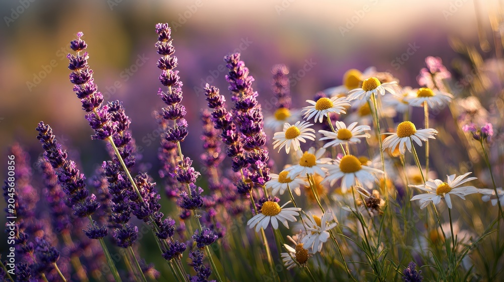 Obraz premium Close-up of lavender and chamomile blossoms with soft background