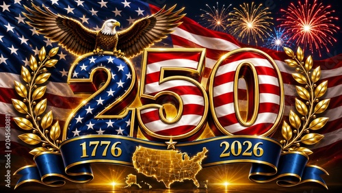 A vibrant graphic celebrating the 250th anniversary of the United States, featuring an eagle, fireworks, and iconic elements of American patriotism.