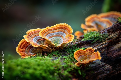 Close-up of turkey tail fungus growing on a rotted fallen log in a damp forest