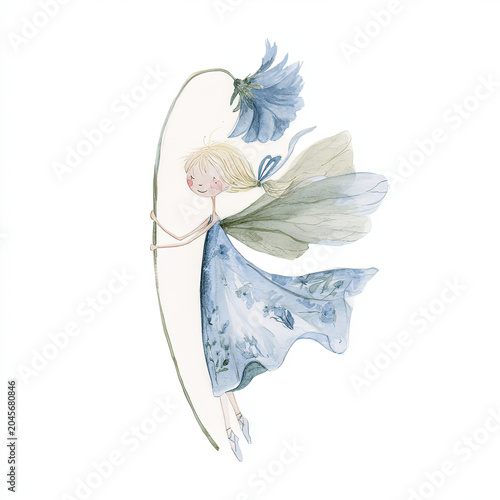 Whimsical beautiful fairy slender curved figure blue dress wing holding flower gentle illustration