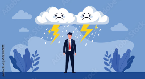 Bild auf Leinwand Stressed businessman standing under dark storm clouds with rain and lightning metaphor for professional burnout pressure or difficult workplace challenge crisis