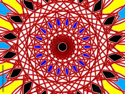 Intricate Red and Blue Geometric Mandala Pattern with Yellow and Black Accents, Abstract Radial Design