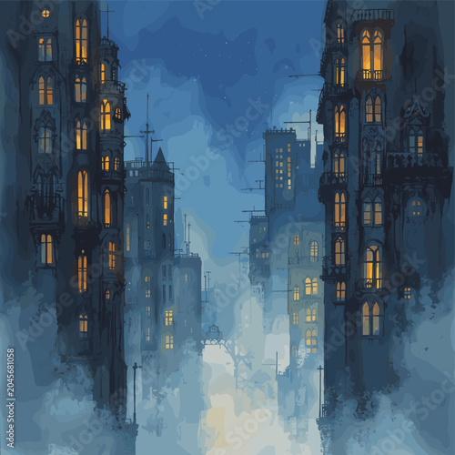 Schilderij op canvas A moody, atmospheric painting of a foggy, old city street with tall, illuminated buildings