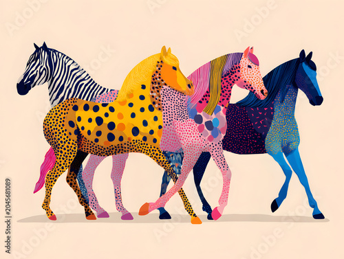 Colorful illustration of four stylized horses with unique patterns and colors, including stripes, spots, and abstract designs against a light background