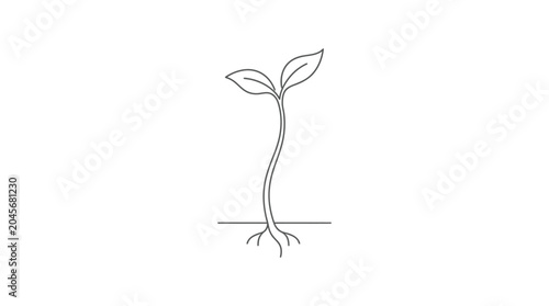 Simple line drawing of a seedling with roots and two leaves on a white background.