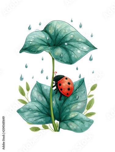Colorful illustration of a ladybug resting on large green leaves with water droplets, surrounded by smaller leaves and a clean white background