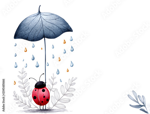 Illustration of a ladybug under a large blue leaf umbrella with raindrops falling, surrounded by delicate foliage and light colors in a whimsical style