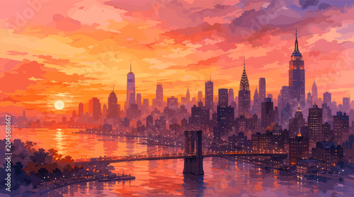 Vibrant sunset painting of the New York City skyline with the Empire State Building and Brooklyn Bridge.