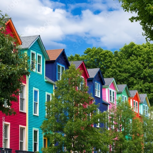 Colorful Houses Lined up Under a Blue Sky With Clouds in a Vibrant Neighborhood