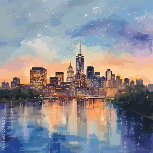 Vibrant watercolor painting of a city skyline at dusk, with buildings reflecting in the water below.