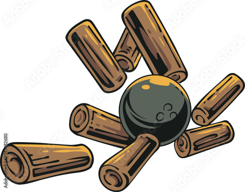 Slika na platnu Colorful cartoon line illustration of wooden bowling pins scattered around a bow
