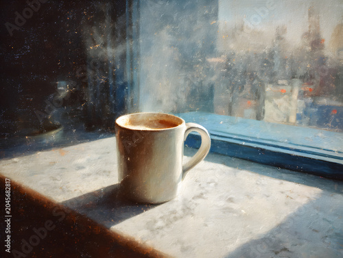 White ceramic coffee cup filled with brown liquid resting on a marble windowsill, sunlight streaming through a blue window with a blurred cityscape in the background