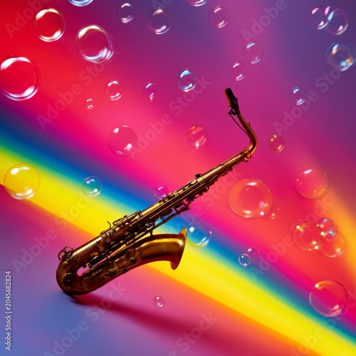 Saxophone Surrounded by Bubbles on Colorful Background During a Music Perform...