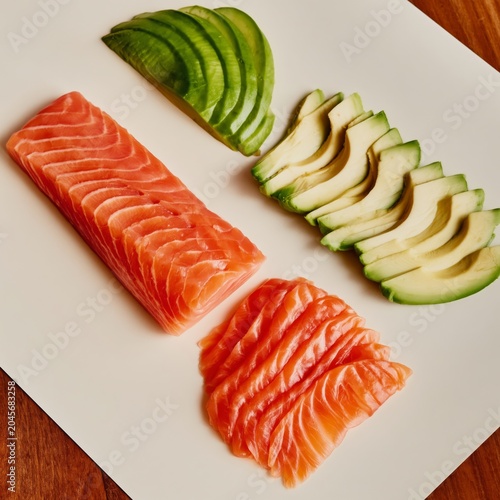 Salmon and Avocado Arranged on a Plate With Distinct Cuts for Sushi Preparati...