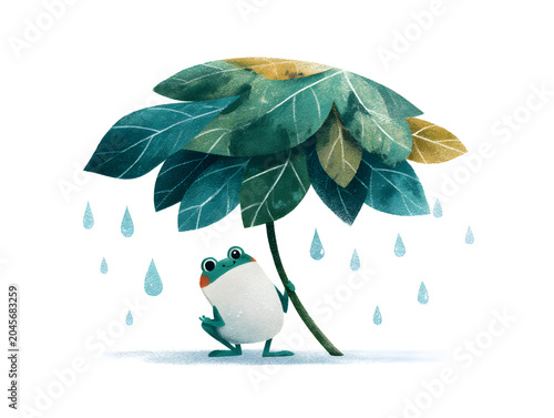 Cartoon frog holding a large leaf umbrella to shield itself from falling raindrops in a whimsical illustration depicting a rainy day scene