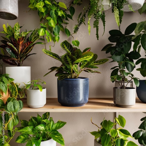 Green Plants in Pots Arranged on a Wooden Shelf Near a Window on a Sunny Day