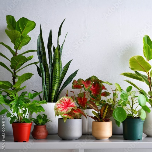 Indoor Plants Arranged on a Shelf in a Bright Space With White Walls