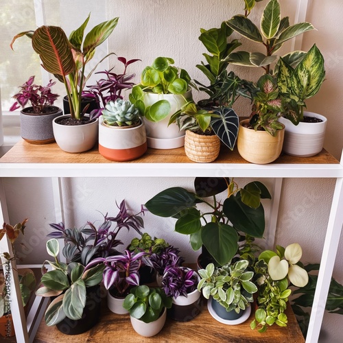 Indoor Plants Arranged on a Shelf in a Bright Space With White Walls