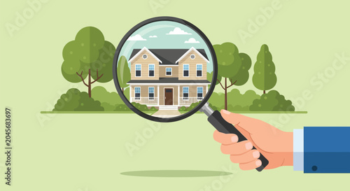 Hand holding magnifying glass focusing on large house illustration surrounded by green trees on light background representing real estate market analysis.