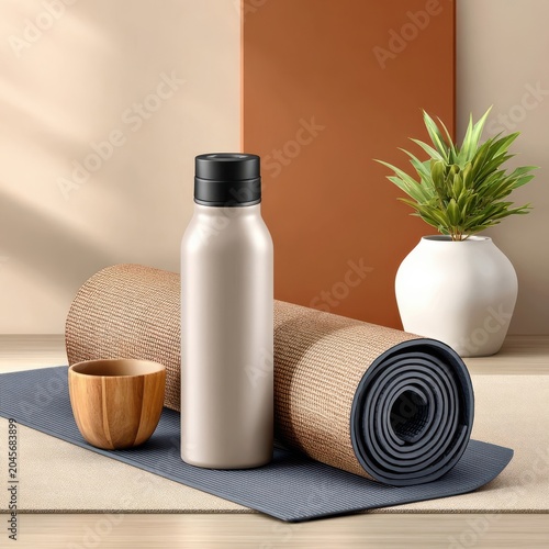 Minimal fitness mockup with yoga mat, water bottle and wellness accessories in a calm setting