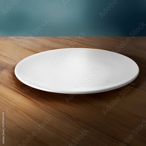 Empty White Plate on Wooden Table Against Blue Textured Wall in Simple Setting
