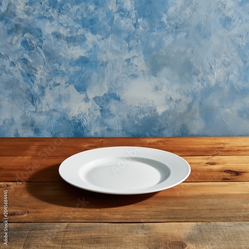 Empty White Plate on Wooden Table Against Blue Textured Wall in Simple Setting