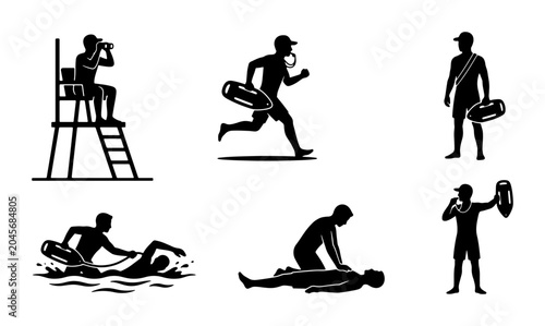 Foto Lifeguard Silhouettes: Pool Safety, Rescue, CPR, Swimming Icons
