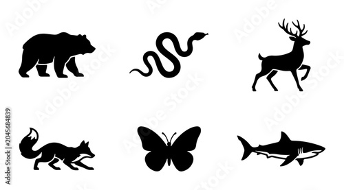 Photography Wild Animal Silhouettes: Bear, Snake, Deer, Fox, Butterfly, Shark Icons