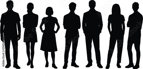 Konstfotografi Black silhouettes of seven diverse men and women standing in a row against a whi