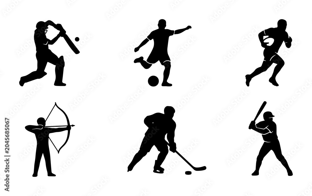 Fototapeta premium Sports Silhouettes: Cricket, Soccer, Running, Archery, Hockey, Baseball Icons