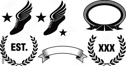 Black and white set featuring winged sneakers stars laurel wreaths and blank ribbon banners for sports branding and vintage style emblem on a plain white background