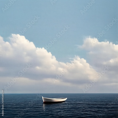 Boat Floats on Calm Water Under Blue Sky at Noon in Open Sea