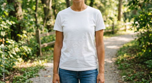 Woman wearing white tshirt standing on forest path with trees