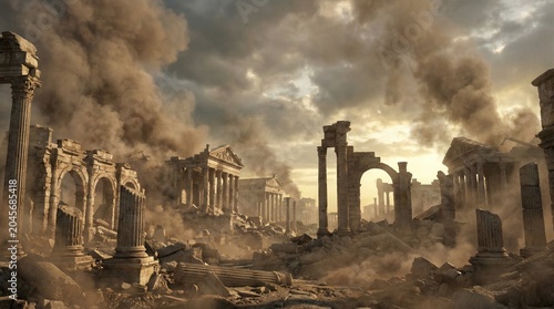 Ancient roman temple ruins crumbling under heavy smoke and dark stormy clouds during a dramatic sunset in a forgotten city