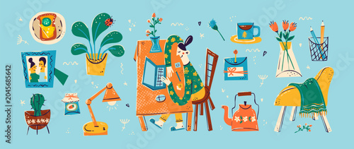 Cozy Home Office Illustration Set with Woman Working on Laptop