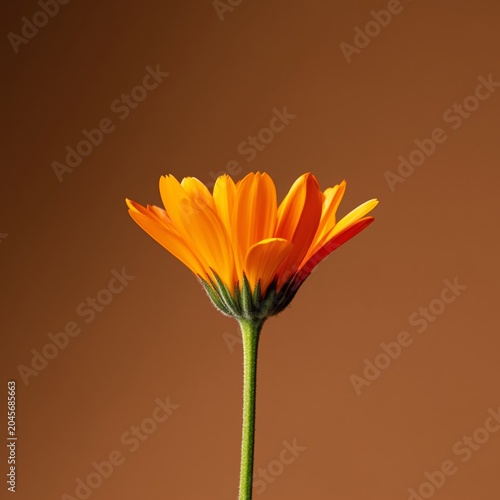 Bright Orange Flower Stands Tall Against a Simple Brown Background, Showcasin...