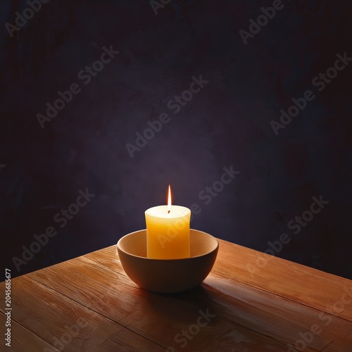 Candle Flame Glowing in Bowl on Wooden Table During Evening Light