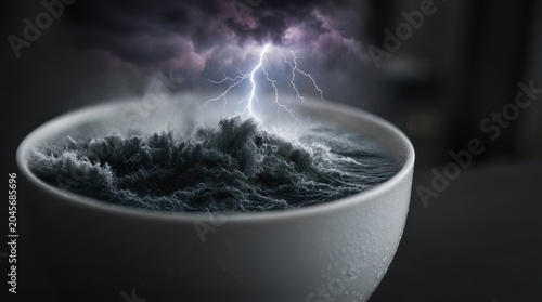 Turbulent ocean waves crashing inside a white bowl with dramatic lightning strikes, creating a surreal metaphor of contained natural forces. Powerful visualization of chaos, environmental energy.