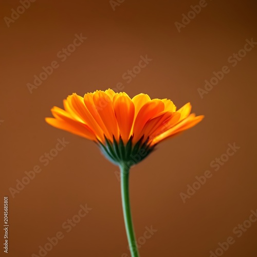 Blooming Orange Flower With a Green Stem Against a Brown Background in a Simp...