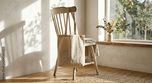 A wooden chair sits by a sunny window with a book and towel on it in a cozy room.