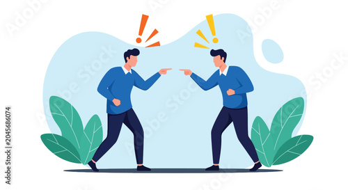 Bild auf Leinwand Two angry men pointing fingers at each other with exclamation marks above heads representing conflict and disagreement in professional office environment