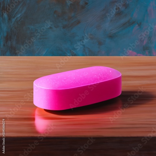 Bright Pink Soap on a Wooden Table Against a Blue Background in a Simple Setting