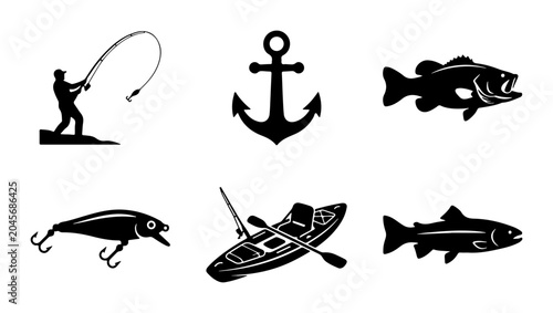 Konstfotografi Fishing Icons Set: Angler, Anchor, Fish, Lure, Kayak, Salmon Vector
