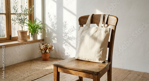 A tote bag sits on a wooden chair in a room with plants on the windowsill indoors.