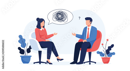Mental health professional conducting a therapy session with a woman sitting in a chair expressing her complex thoughts.